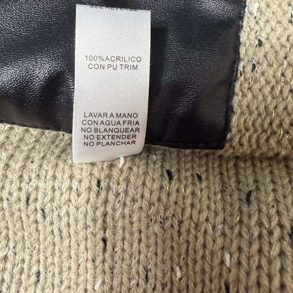 YAIRA Taupe Knit Open-Front Cardigan with Faux Leather Trim (Size L) - Picture 4 of 9